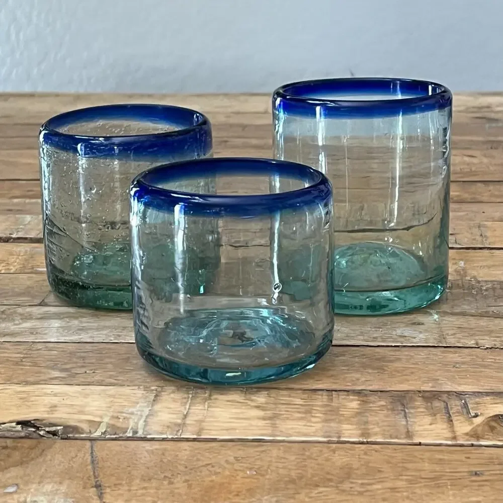 Hand-Blown Mexican Short Tumblers Set of 3 Clear Blue Rim